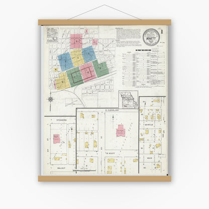 Old map wall art mockup — magnetic wood frame on white wall — Sanborn Fire Insurance Map from Monett, Barry County, Missouri (1917), Sheet #0001