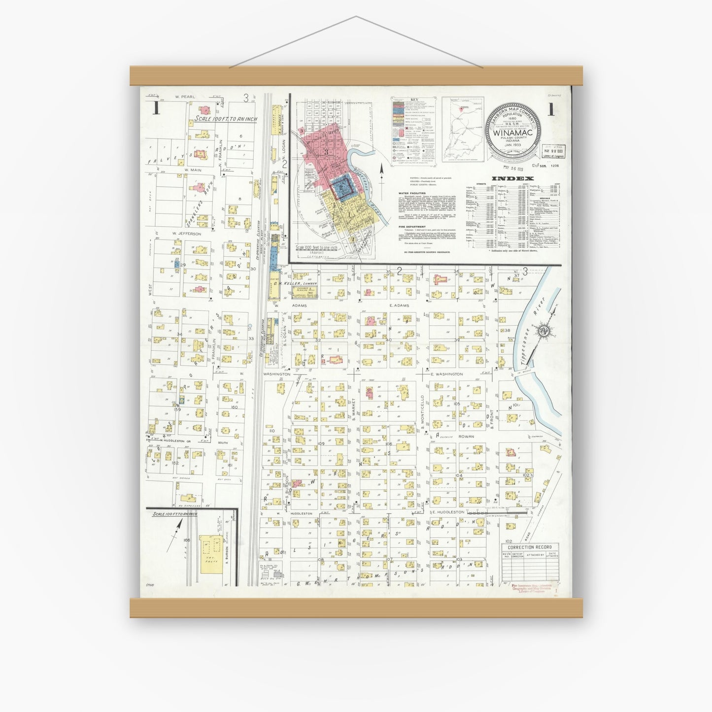 Old map wall art mockup — magnetic wood frame on white wall — Sanborn Fire Insurance Map from Winamac, Pulaski County, Indiana (1933) - Complete Map Set