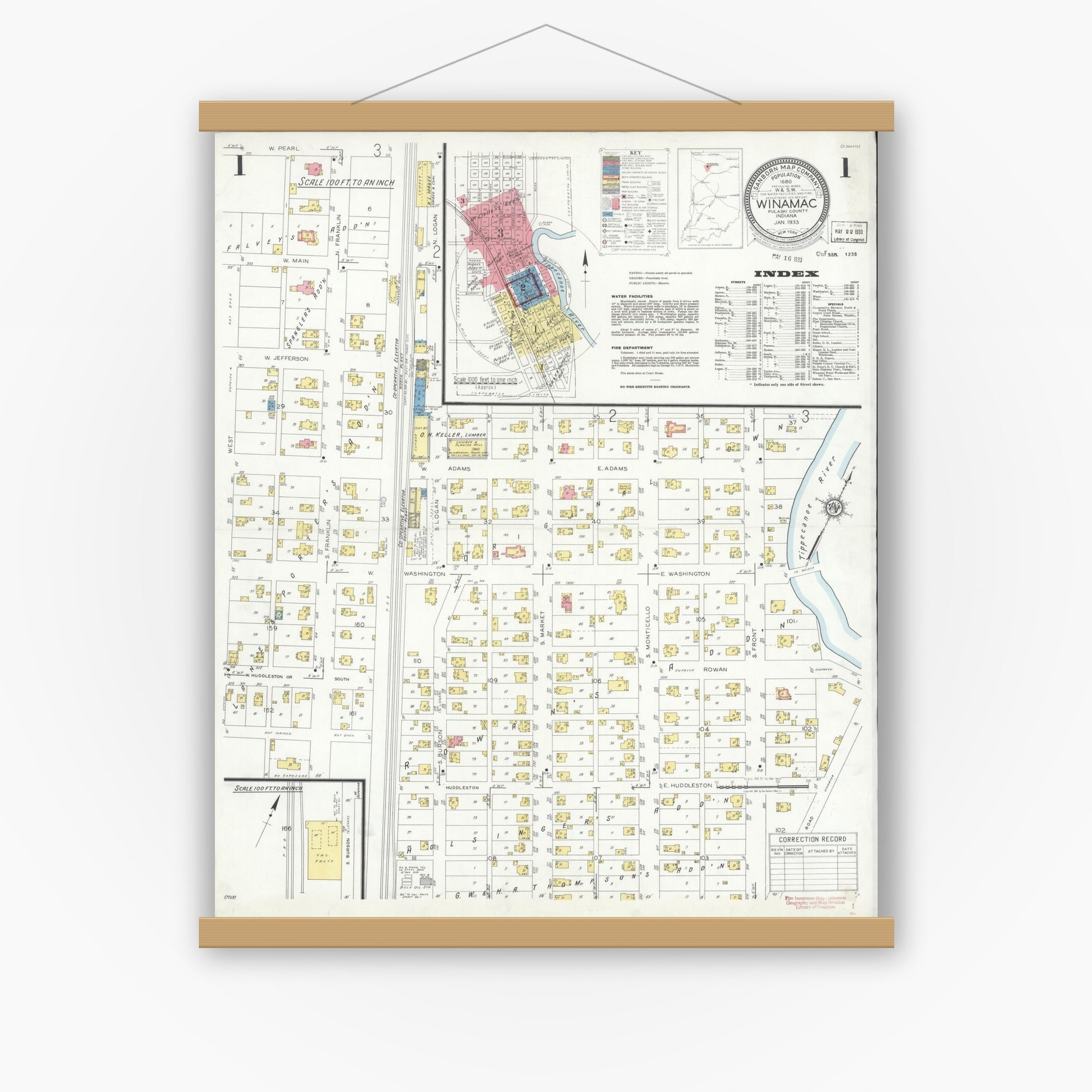 Old map wall art mockup — magnetic wood frame on white wall — Sanborn Fire Insurance Map from Winamac, Pulaski County, Indiana (1933) - Complete Map Set