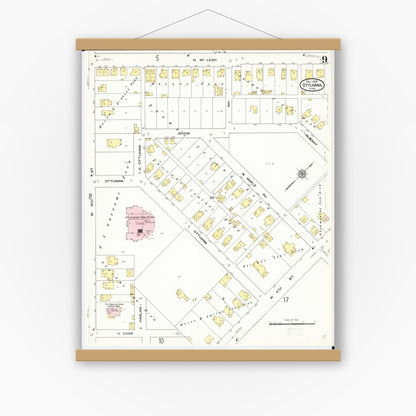 Old map wall art mockup — magnetic wood frame on white wall — Sanborn Fire Insurance Map from Ottumwa, Wapello County, Iowa (1909), Sheet #0009