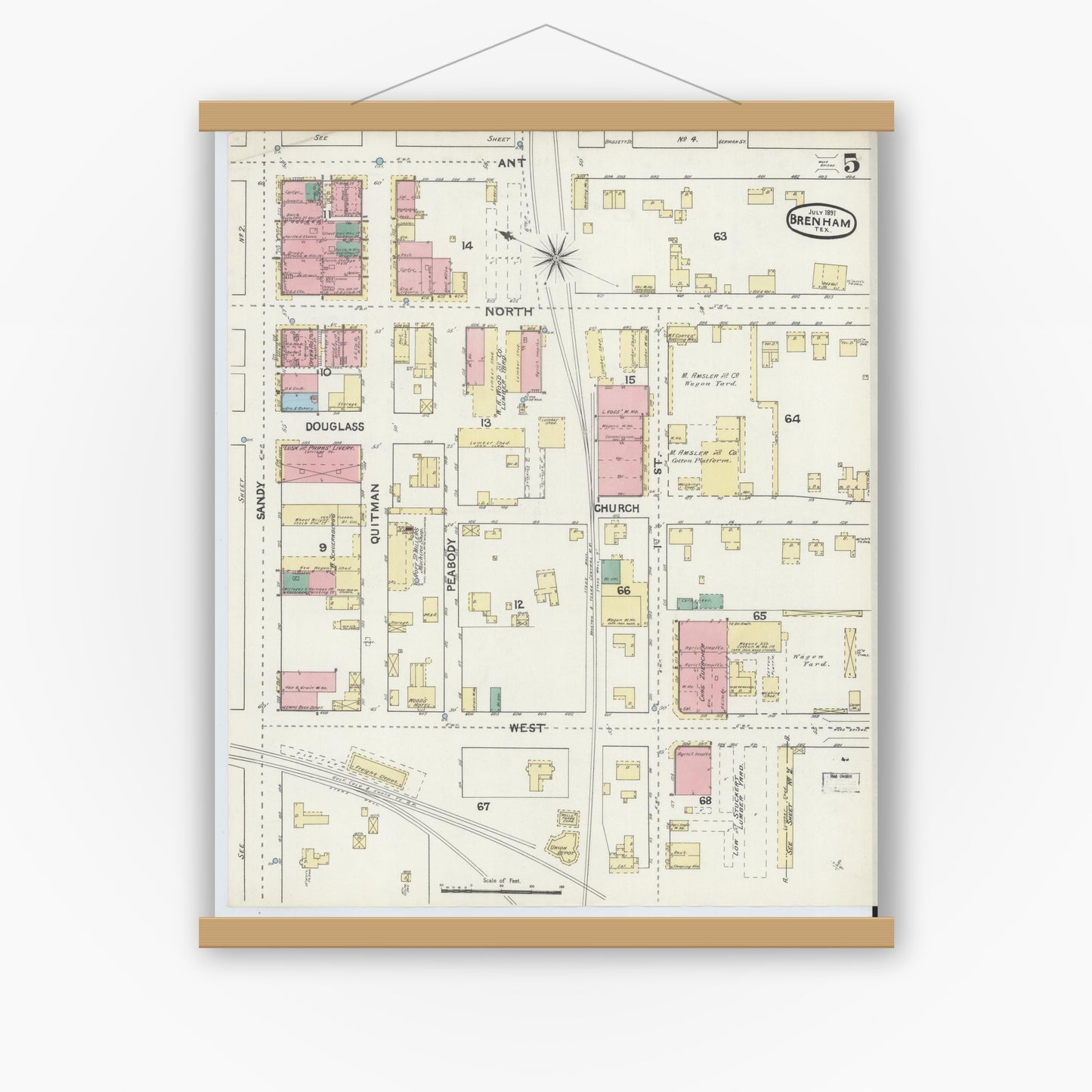 Old map wall art mockup — magnetic wood frame on white wall — Sanborn Fire Insurance Map from Brenham, Washington County, Texas (1891), Sheet #0005