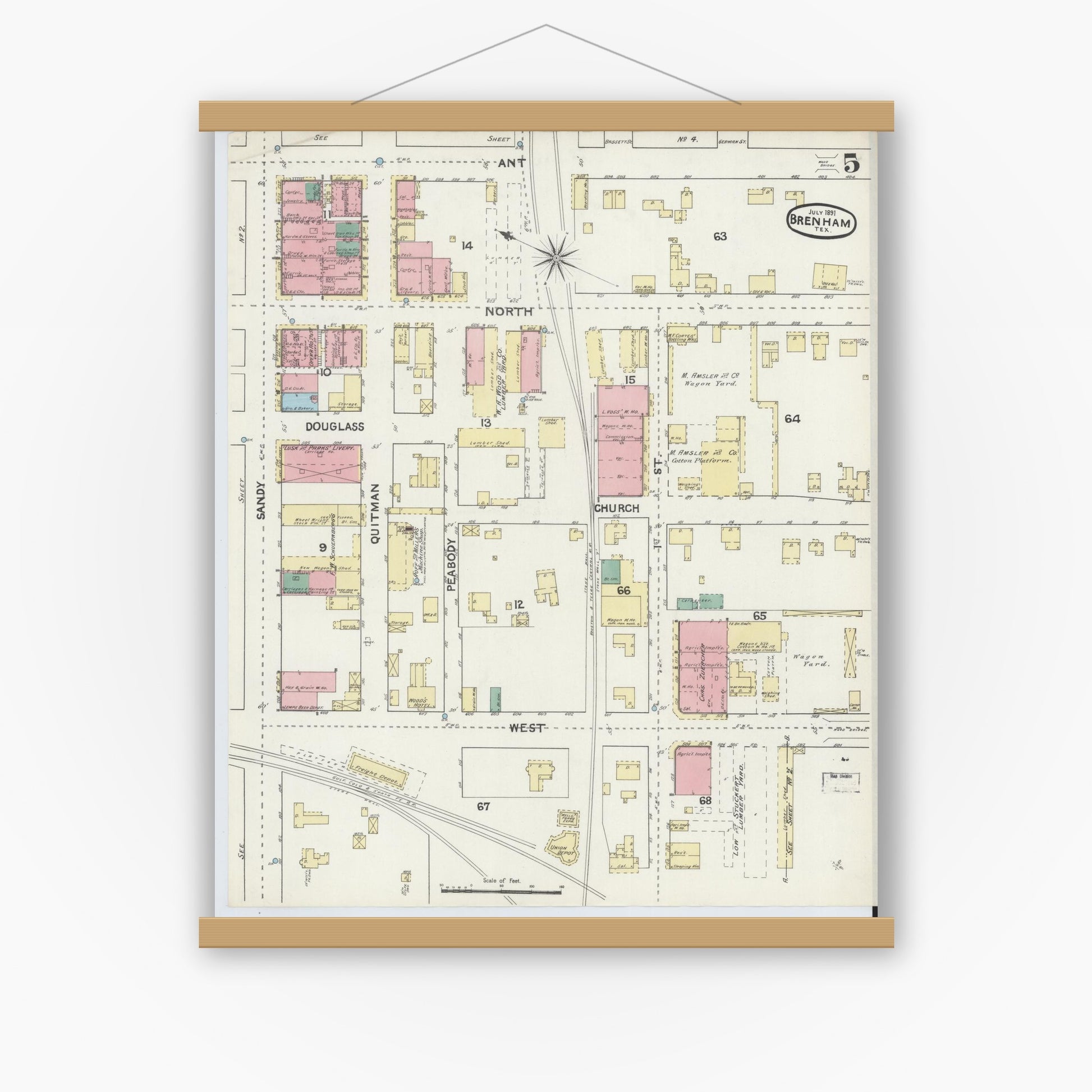 Old map wall art mockup — magnetic wood frame on white wall — Sanborn Fire Insurance Map from Brenham, Washington County, Texas (1891), Sheet #0005