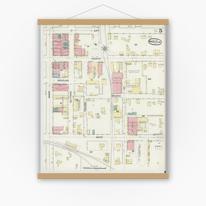 Old map wall art mockup — magnetic wood frame on white wall — Sanborn Fire Insurance Map from Brenham, Washington County, Texas (1891), Sheet #0005