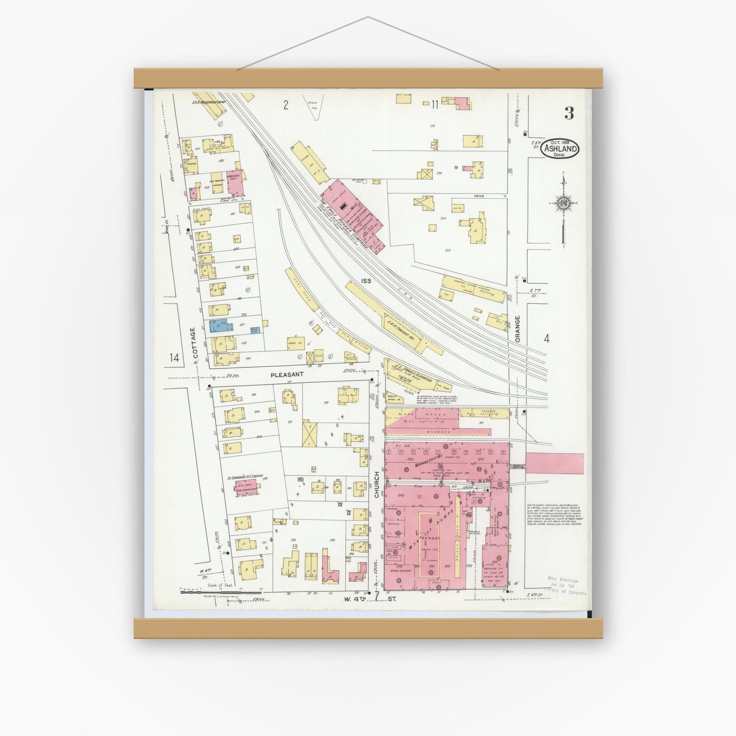 Old map wall art mockup — magnetic wood frame on white wall — Sanborn Fire Insurance Map from Ashland, Ashland County, Ohio (1919), Sheet #0003
