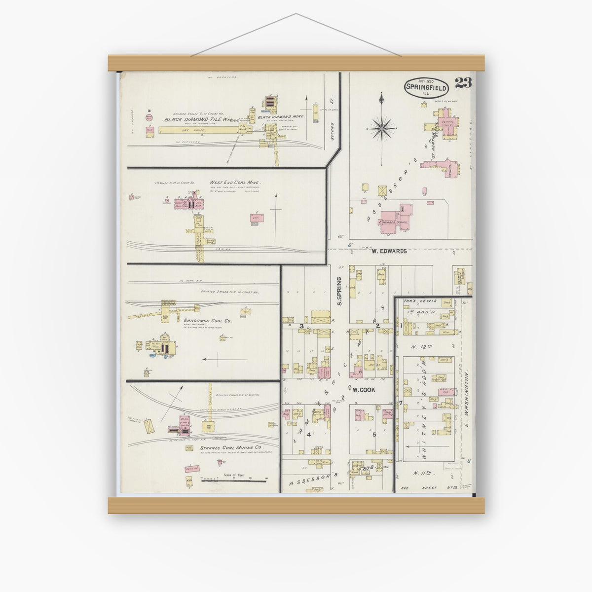 Old map wall art mockup — magnetic wood frame on white wall — Sanborn Fire Insurance Map from Springfield, Sangamon County, Illinois (1890), Sheet #0023