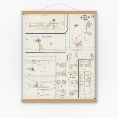 Old map wall art mockup — magnetic wood frame on white wall — Sanborn Fire Insurance Map from Springfield, Sangamon County, Illinois (1890), Sheet #0023