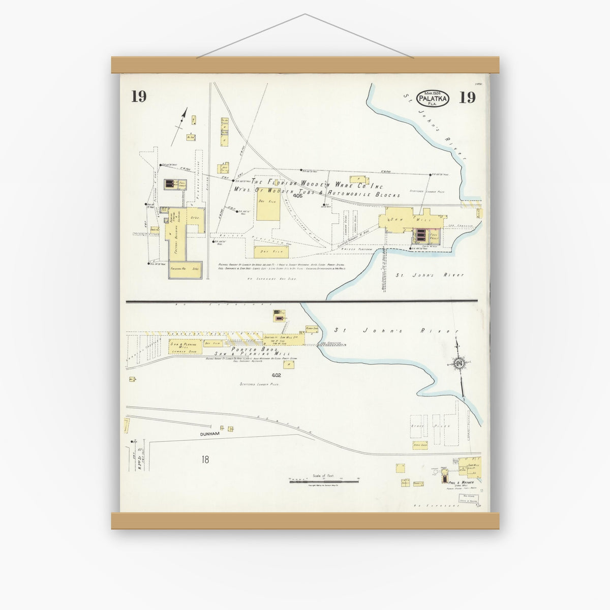 Old map wall art mockup — magnetic wood frame on white wall — Sanborn Fire Insurance Map from Palatka, Putnam County, Florida (1924), Sheet #0019