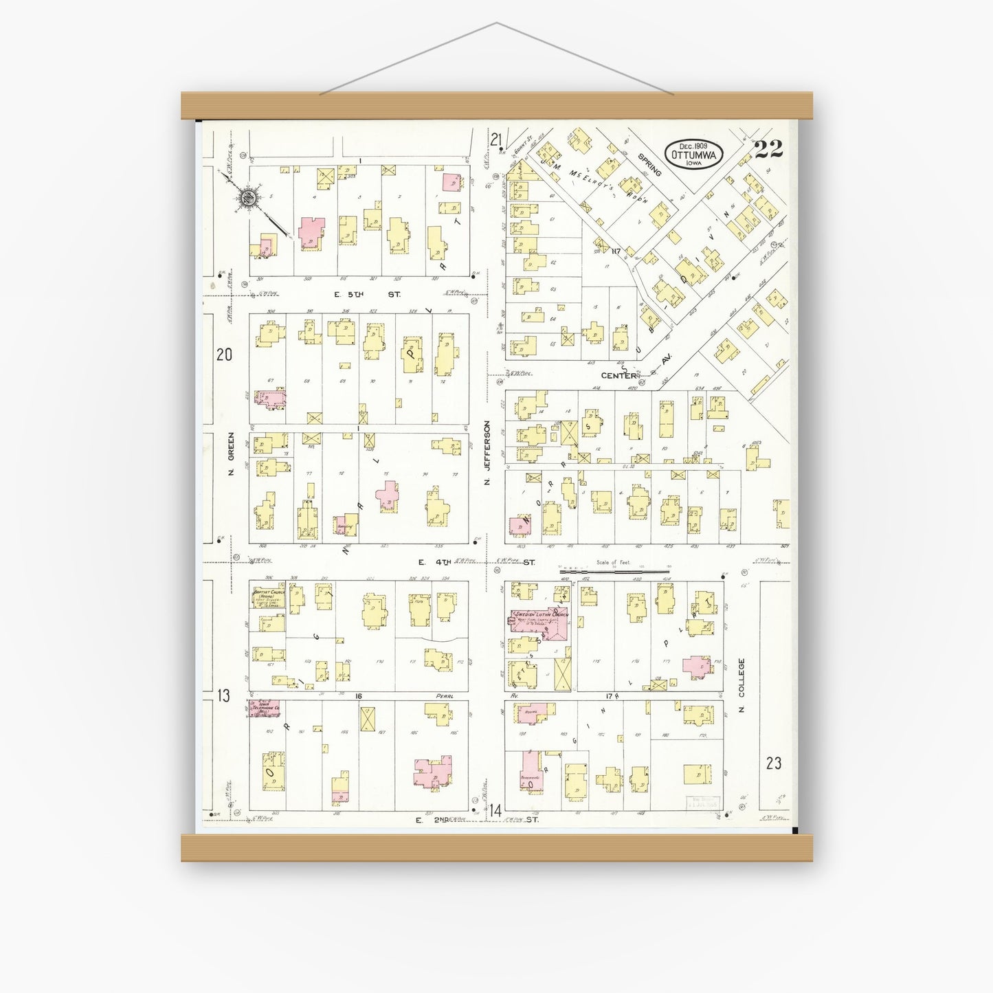 Old map wall art mockup — magnetic wood frame on white wall — Sanborn Fire Insurance Map from Ottumwa, Wapello County, Iowa (1909), Sheet #0022