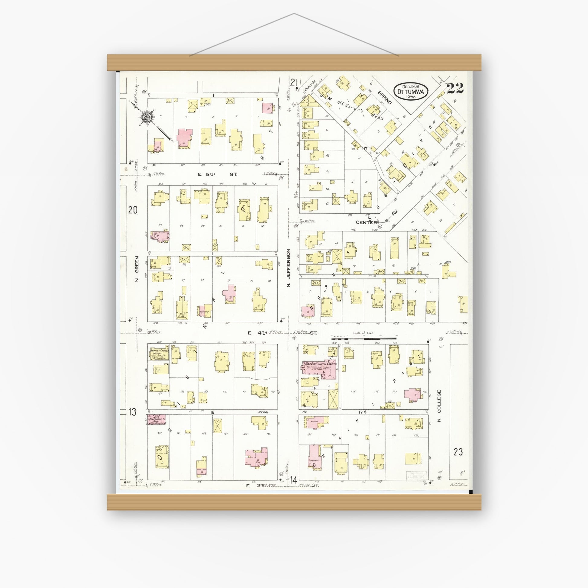Old map wall art mockup — magnetic wood frame on white wall — Sanborn Fire Insurance Map from Ottumwa, Wapello County, Iowa (1909), Sheet #0022