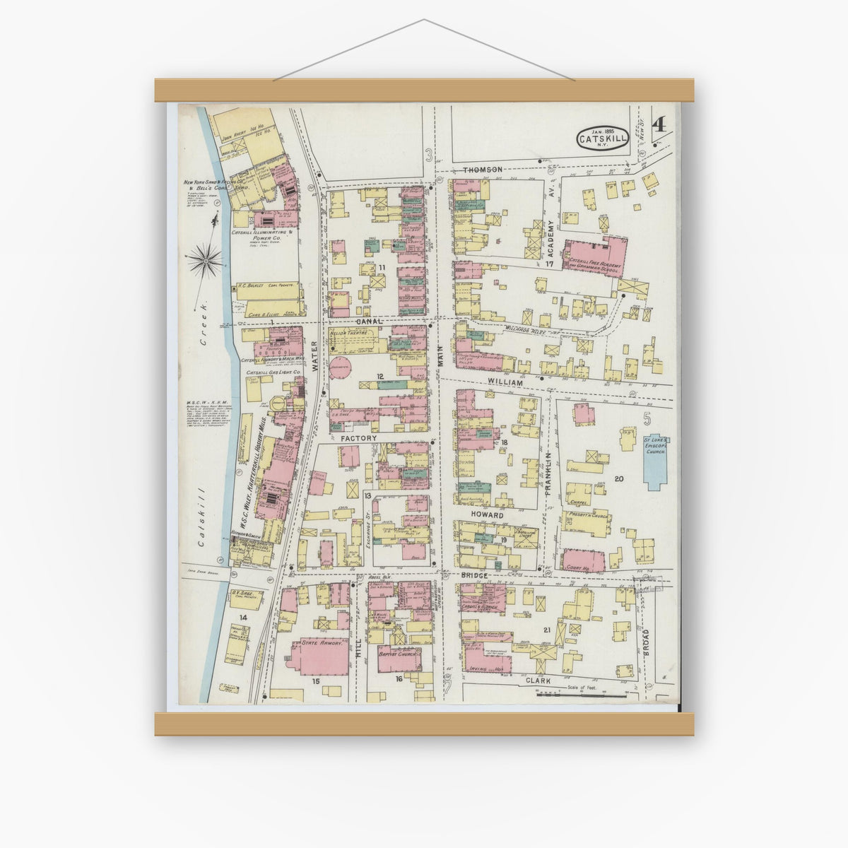 Old map wall art mockup — magnetic wood frame on white wall — Sanborn Fire Insurance Map from Catskill, Greene County, New York (1895), Sheet #0004