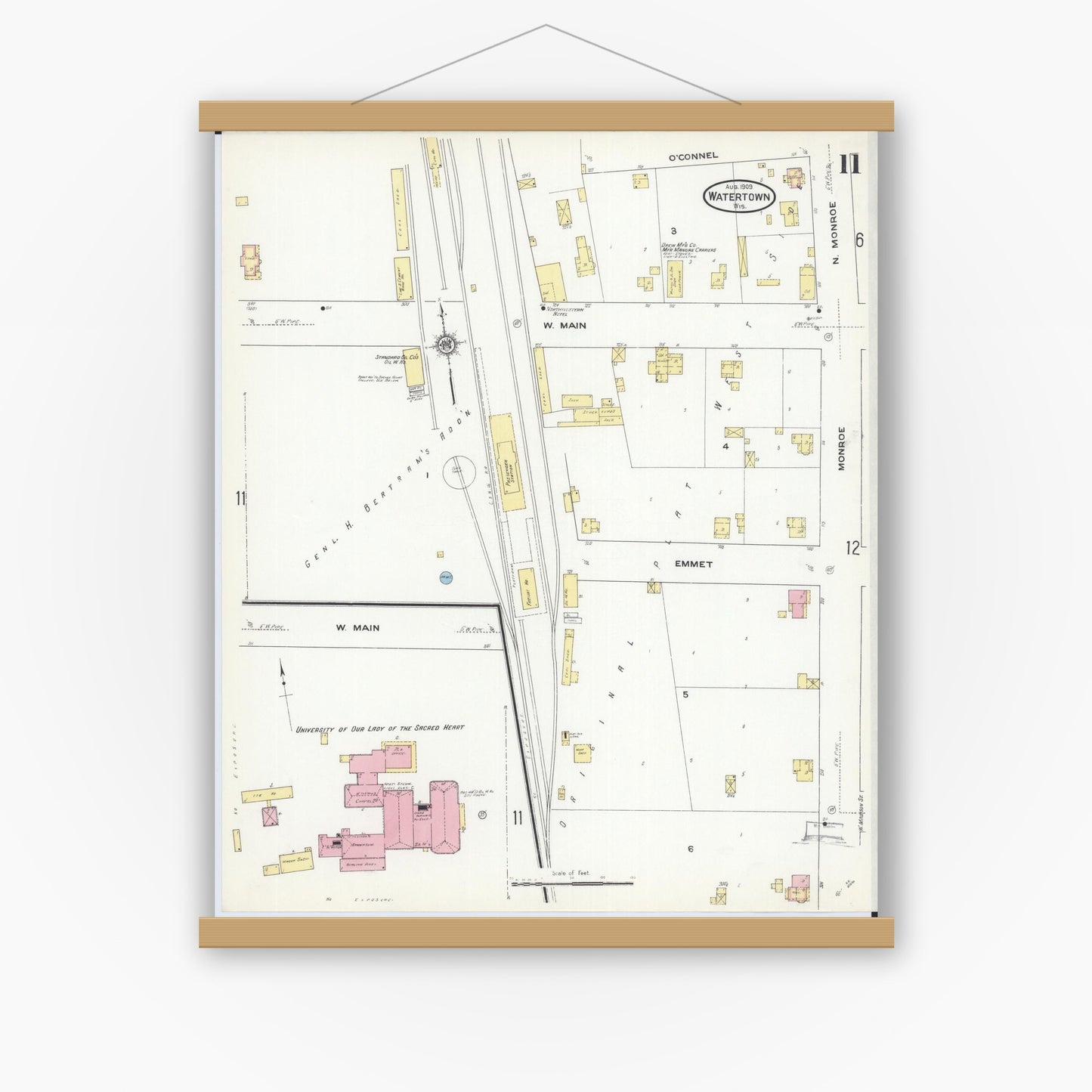 Old map wall art mockup — magnetic wood frame on white wall — Sanborn Fire Insurance Map from Watertown, Jefferson County, Wisconsin (1909), Sheet #0011