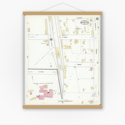 Old map wall art mockup — magnetic wood frame on white wall — Sanborn Fire Insurance Map from Watertown, Jefferson County, Wisconsin (1909), Sheet #0011
