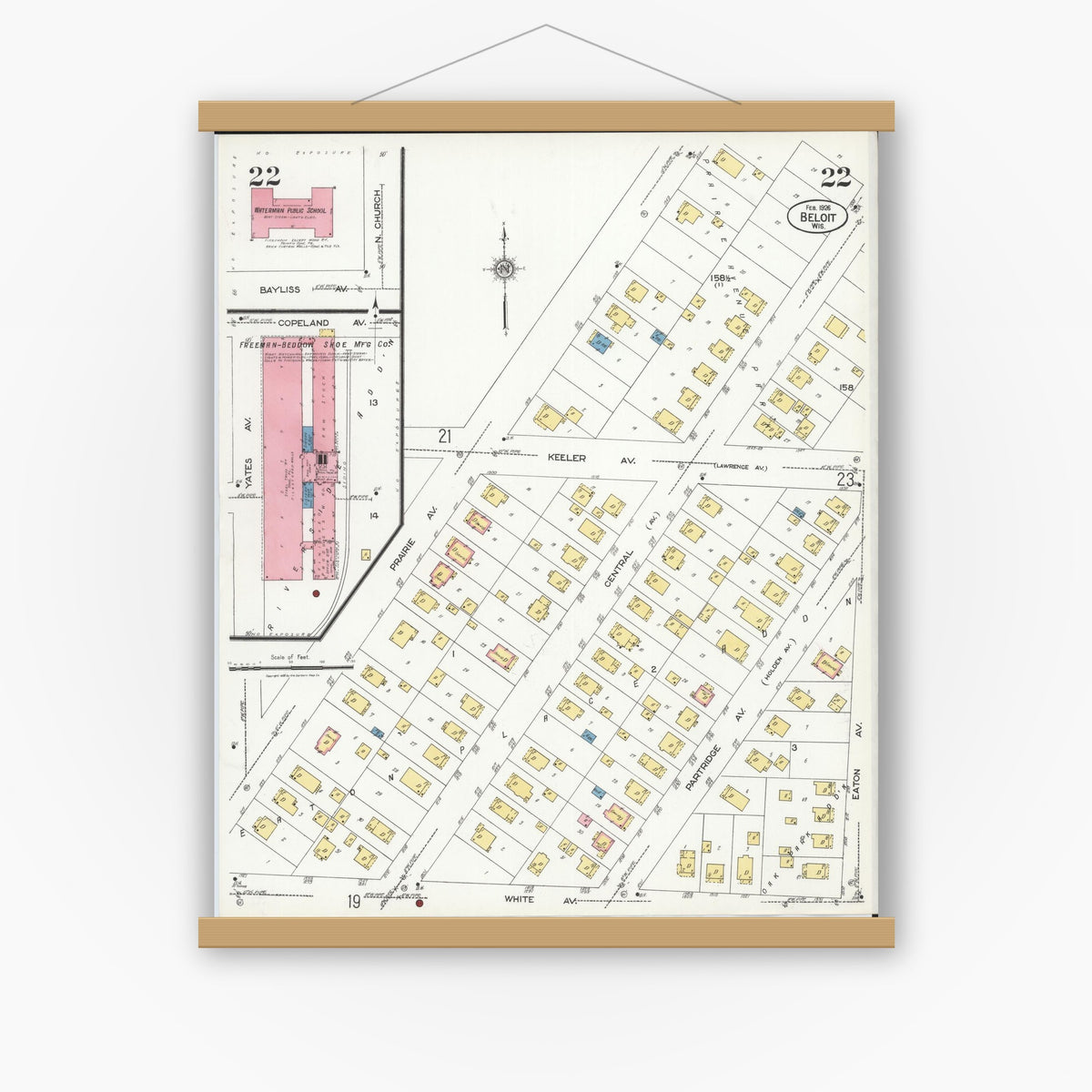 Old map wall art mockup — magnetic wood frame on white wall — Sanborn Fire Insurance Map from Beloit, Rock County, Wisconsin (1926), Sheet #0022