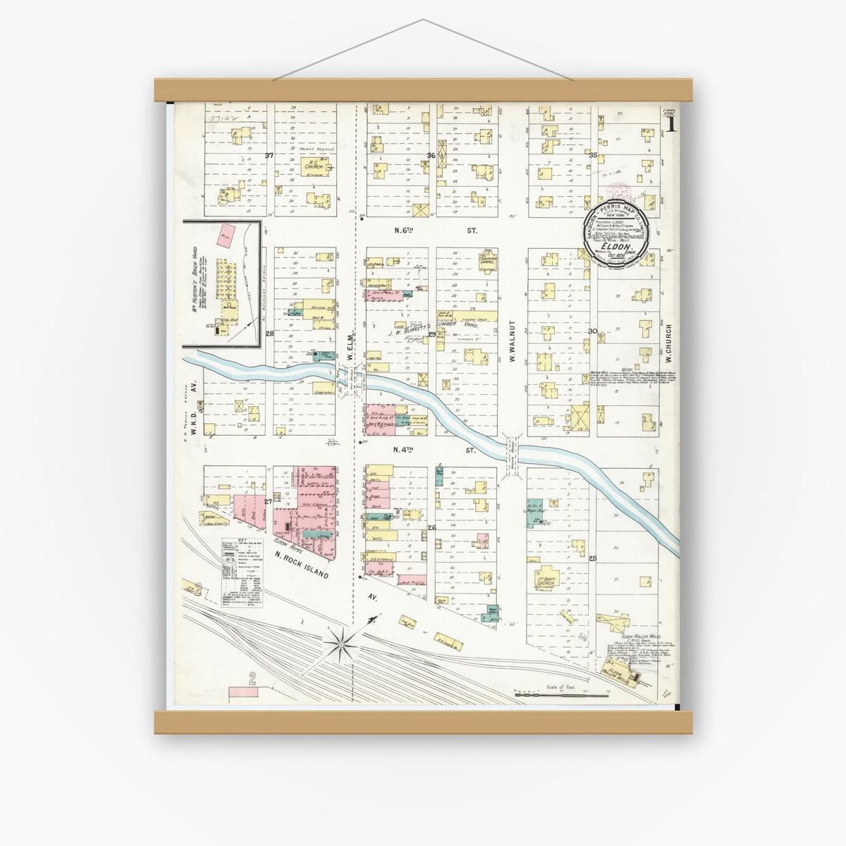 Old map wall art mockup — magnetic wood frame on white wall — Sanborn Fire Insurance Map from Eldon, Wapello County, Iowa (1895) â€” Complete Set
