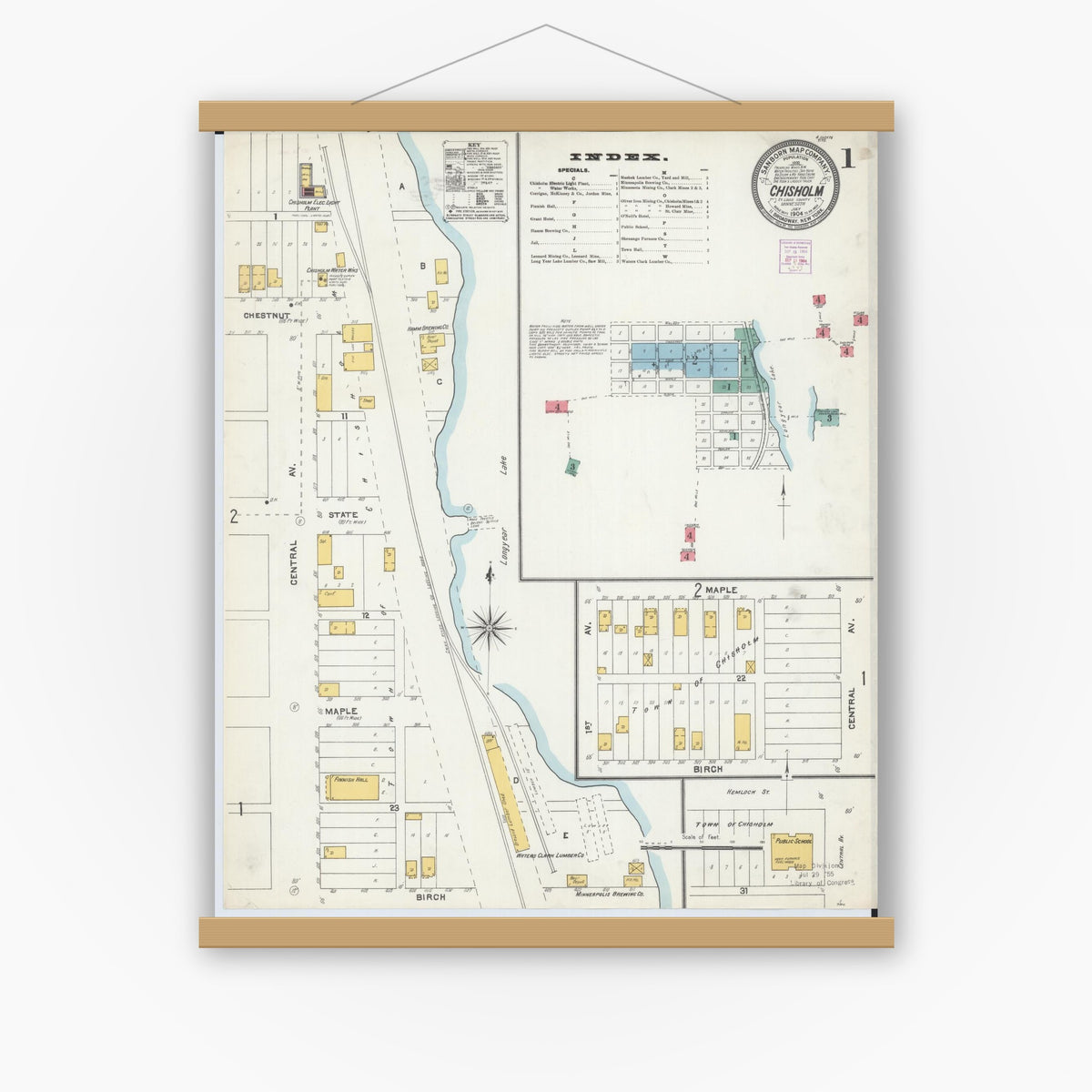 Old map wall art mockup — magnetic wood frame on white wall — Sanborn Fire Insurance Map from Chisholm, Saint Louis County, Minnesota (1904) - Complete Map Set