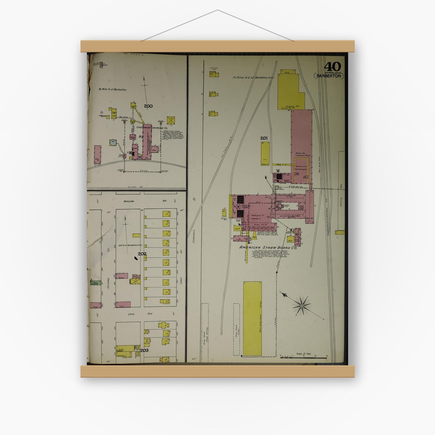 Old map wall art mockup — magnetic wood frame on white wall — Sanborn Fire Insurance Map from Akron, Summit County, Ohio (1892), Sheet #0040