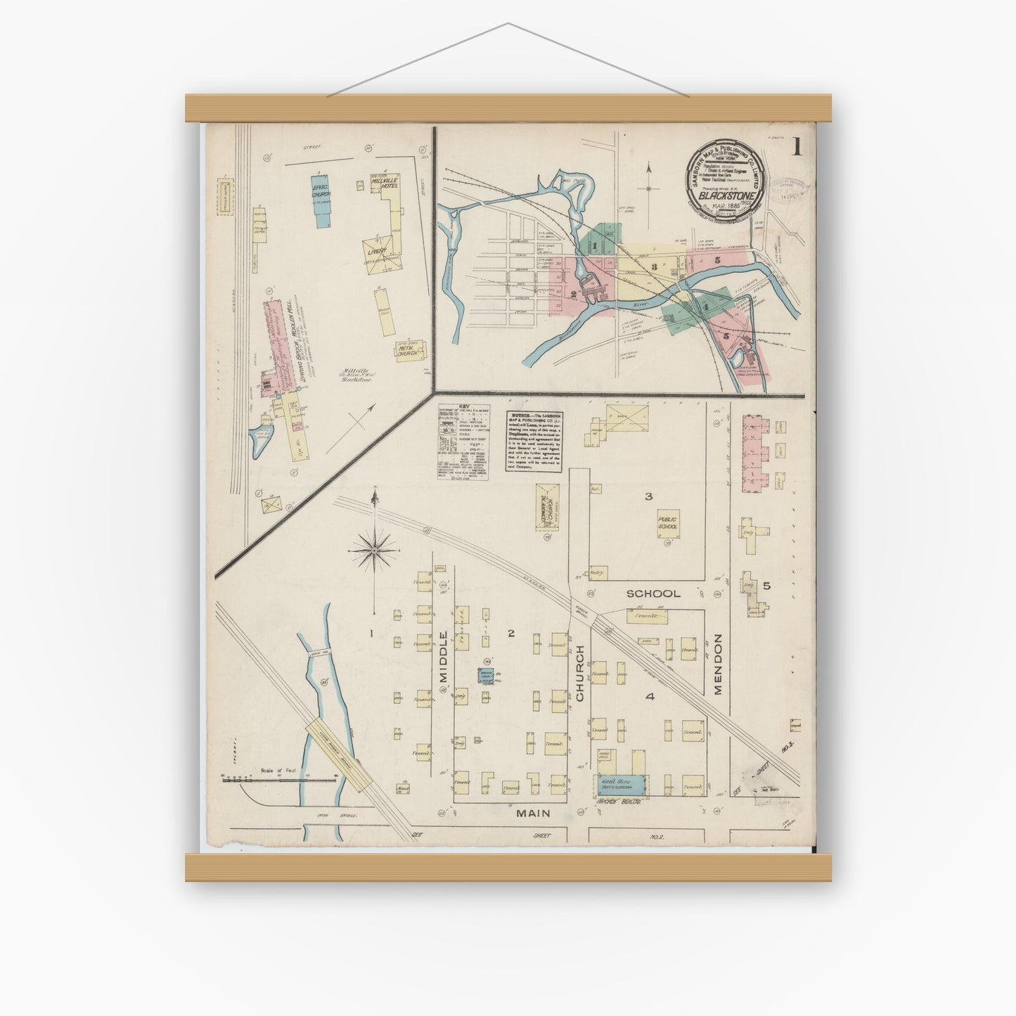 Old map wall art mockup — magnetic wood frame on white wall — Sanborn Fire Insurance Map from Blackstone, Worcester County, Massachusetts (1885) - Complete Map Set