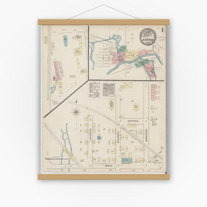 Old map wall art mockup — magnetic wood frame on white wall — Sanborn Fire Insurance Map from Blackstone, Worcester County, Massachusetts (1885) - Complete Map Set