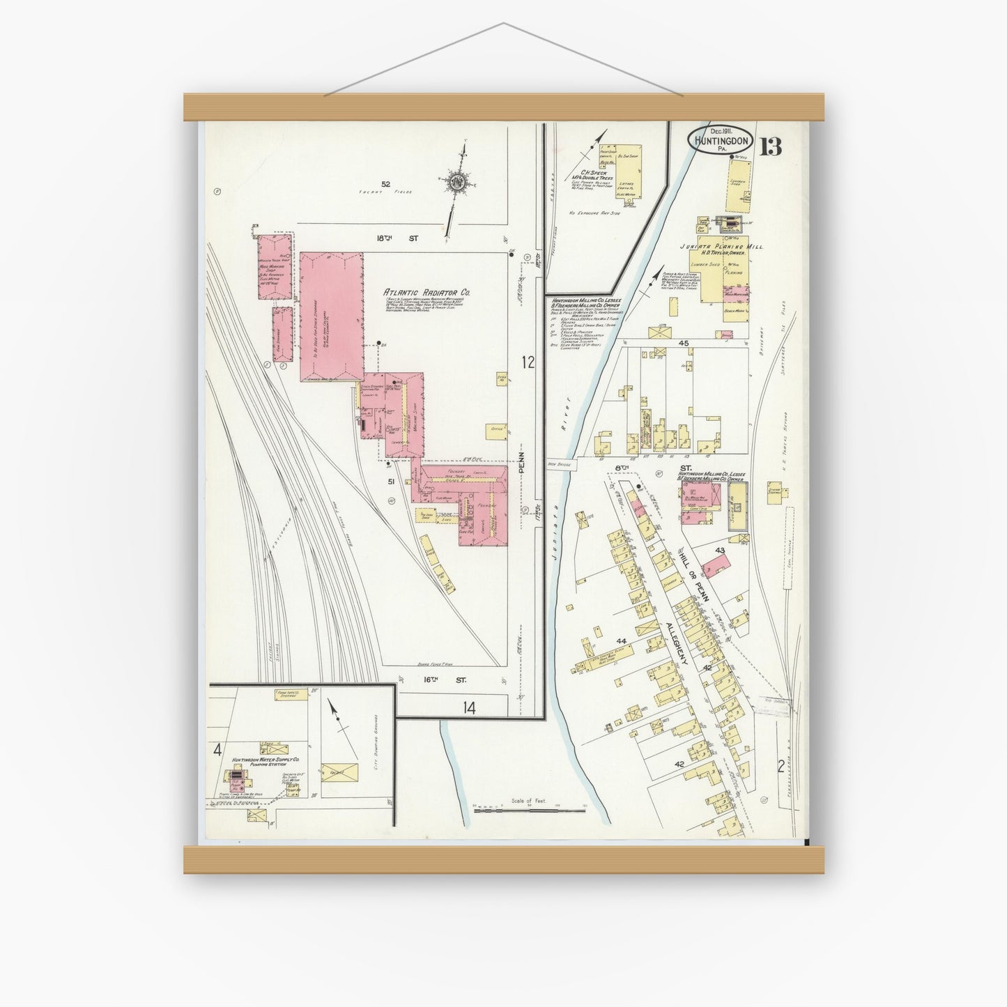 Old map wall art mockup — magnetic wood frame on white wall — Sanborn Fire Insurance Map from Huntingdon, Huntingdon County, Pennsylvania (1911), Sheet #0013