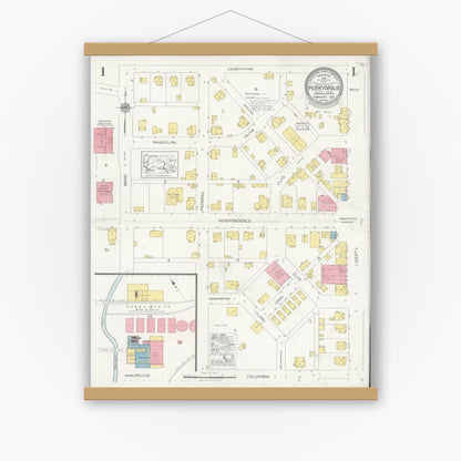 Old map wall art mockup — magnetic wood frame on white wall — Sanborn Fire Insurance Map from Perryopolis, Fayette County, Pennsylvania (1927) - Complete Map Set