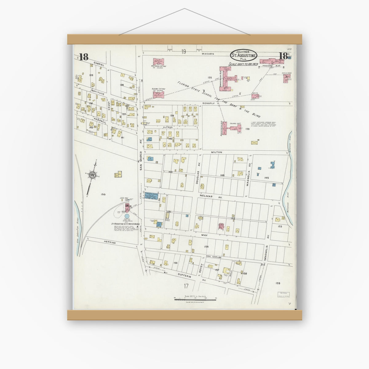 Old map wall art mockup — magnetic wood frame on white wall — Sanborn Fire Insurance Map from Saint Augustine, Saint John's County, Florida (1924), Sheet #0018