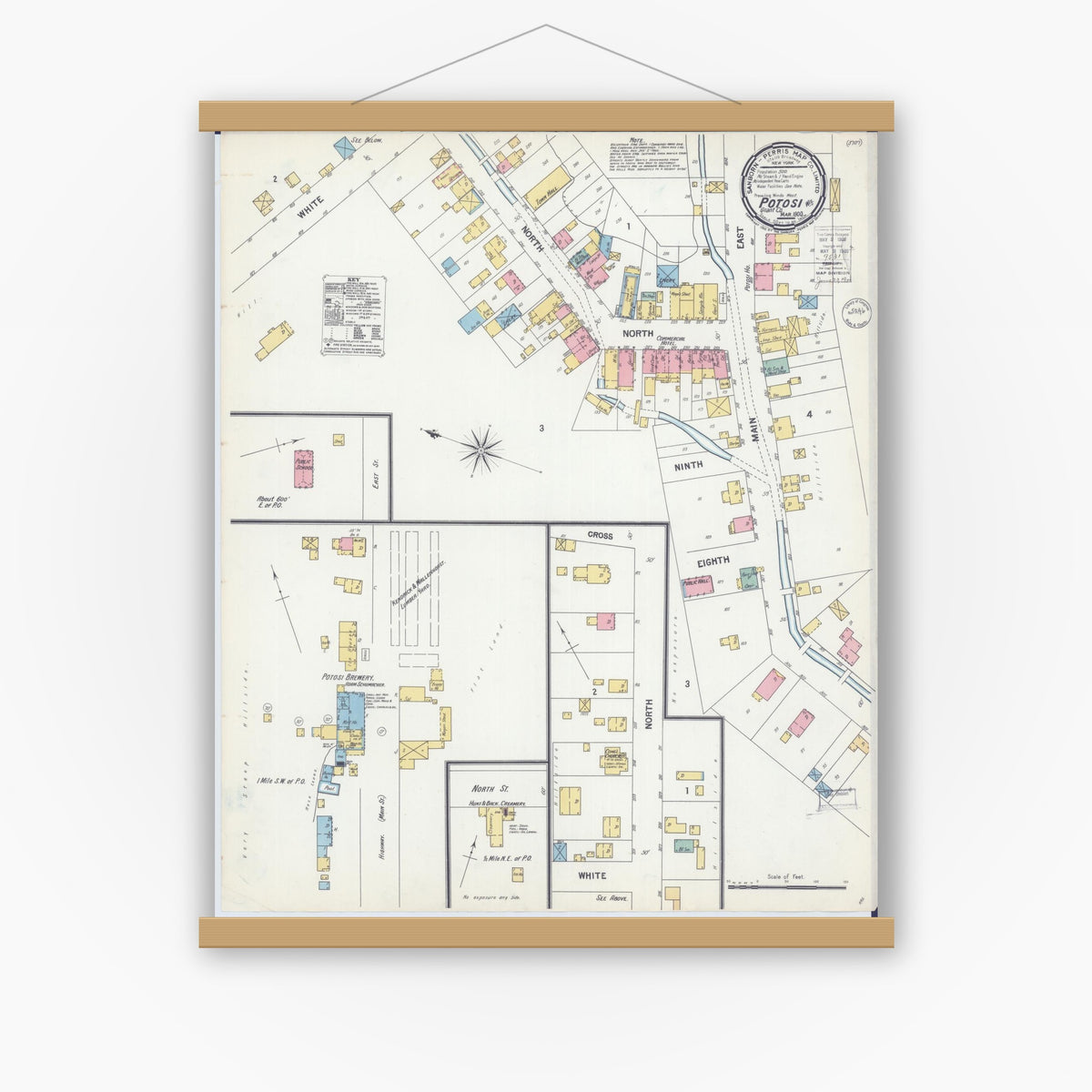 Old map wall art mockup — magnetic wood frame on white wall — Sanborn Fire Insurance Map from Potosi, Grant County, Wisconsin (1900), Sheet #0001