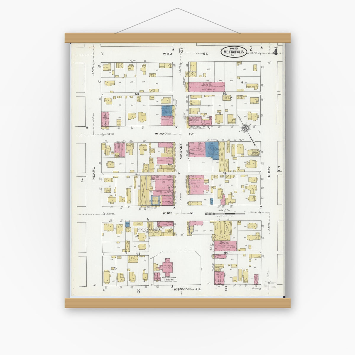 Old map wall art mockup — magnetic wood frame on white wall — Sanborn Fire Insurance Map from Metropolis, Massac County, Illinois (1921), Sheet #0004