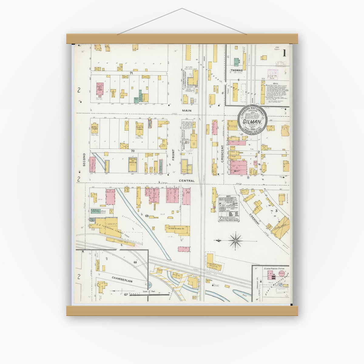 Old map wall art mockup — magnetic wood frame on white wall — Sanborn Fire Insurance Map from Gilman, Iroquois County, Illinois (1906), Sheet #0001