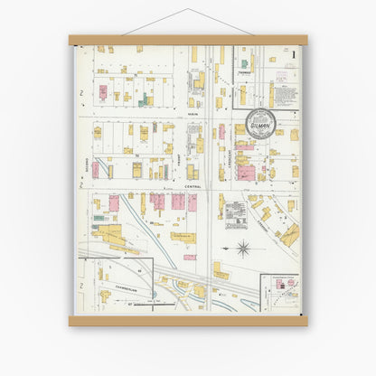 Old map wall art mockup — magnetic wood frame on white wall — Sanborn Fire Insurance Map from Gilman, Iroquois County, Illinois (1906), Sheet #0001