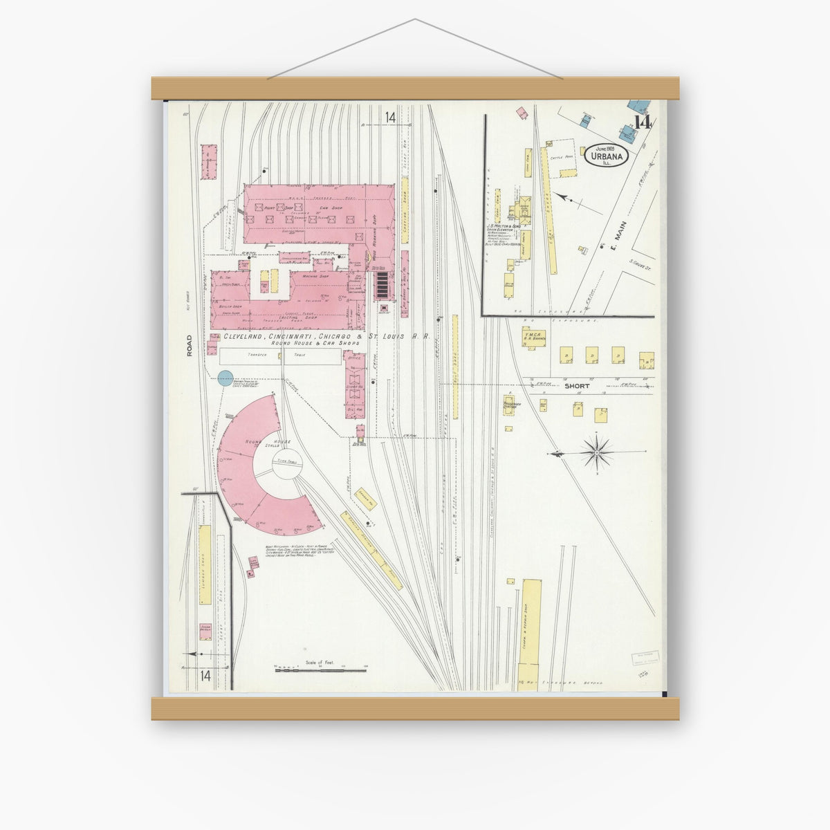 Old map wall art mockup — magnetic wood frame on white wall — Sanborn Fire Insurance Map from Urbana, Champaign County, Illinois (1909), Sheet #0014