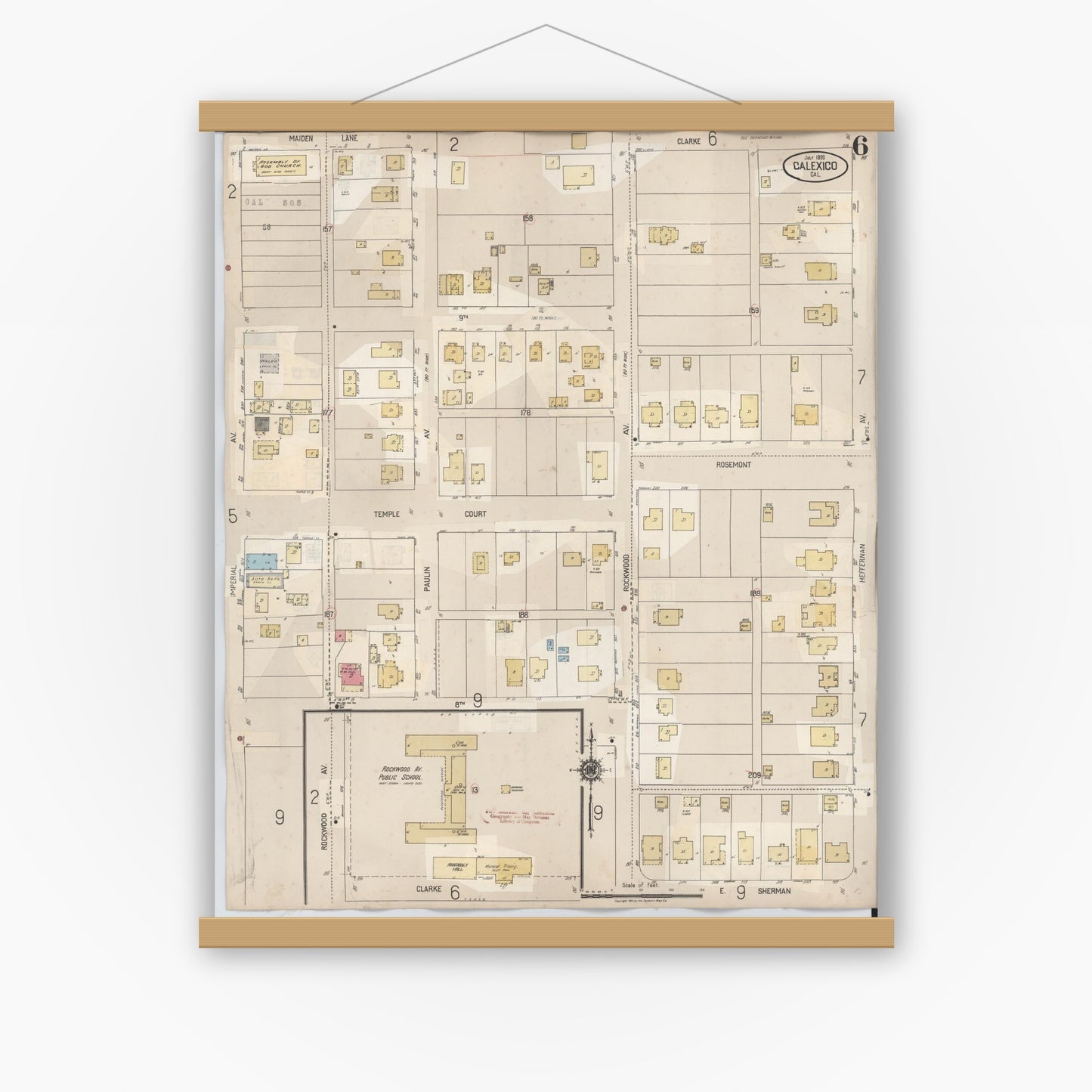 Old map wall art mockup — magnetic wood frame on white wall — Sanborn Fire Insurance Map from Calexico, Imperial County, California (1949), Sheet #0006