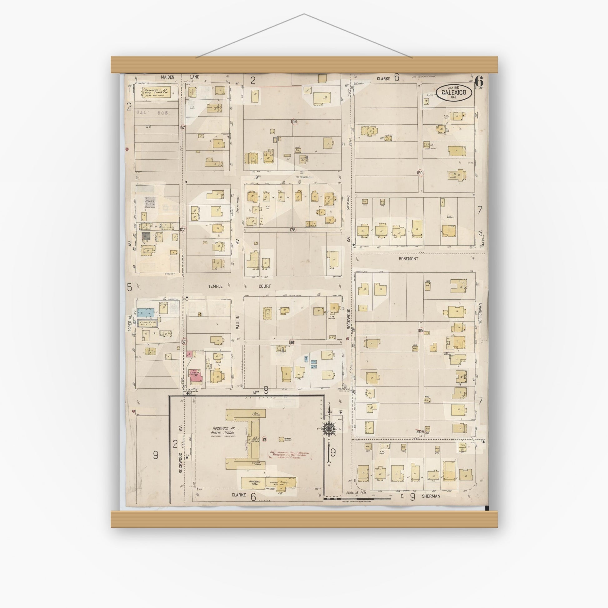 Old map wall art mockup — magnetic wood frame on white wall — Sanborn Fire Insurance Map from Calexico, Imperial County, California (1949), Sheet #0006