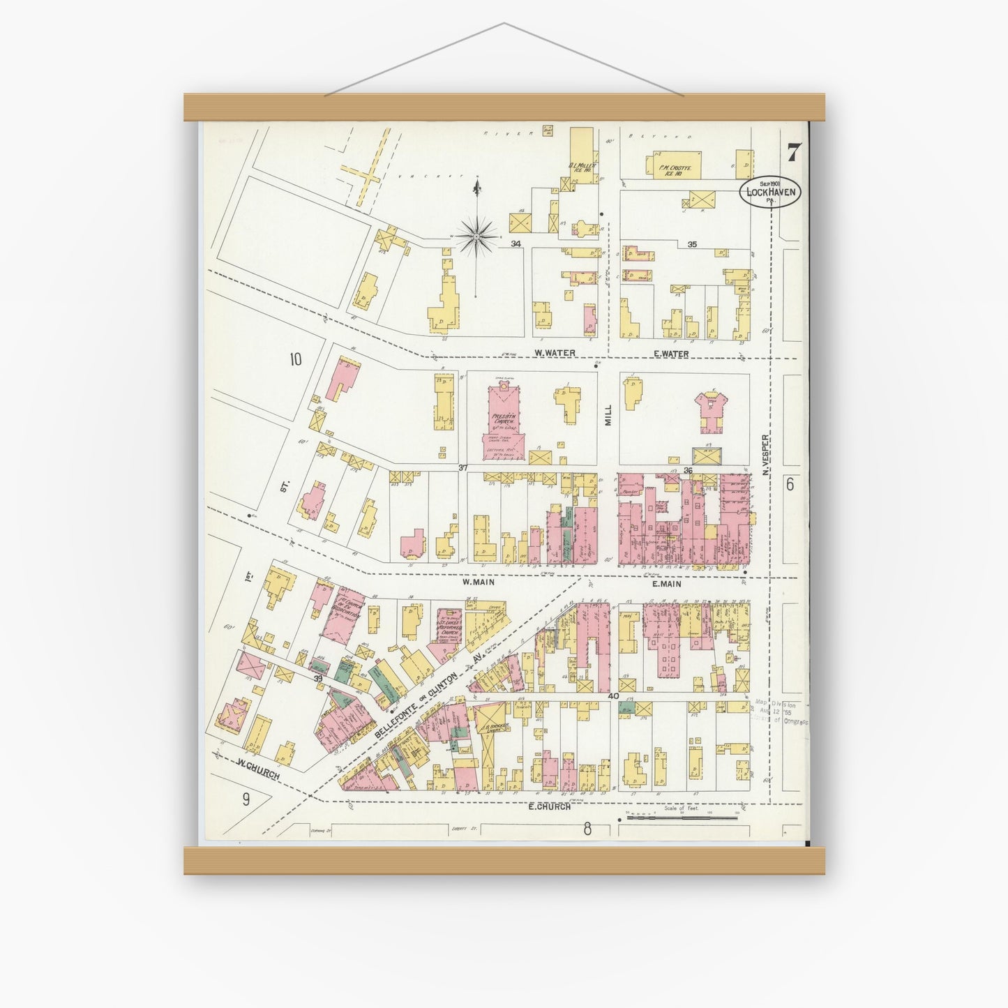 Old map wall art mockup — magnetic wood frame on white wall — Sanborn Fire Insurance Map from Lock Haven, Clinton County, Pennsylvania (1901), Sheet #0007