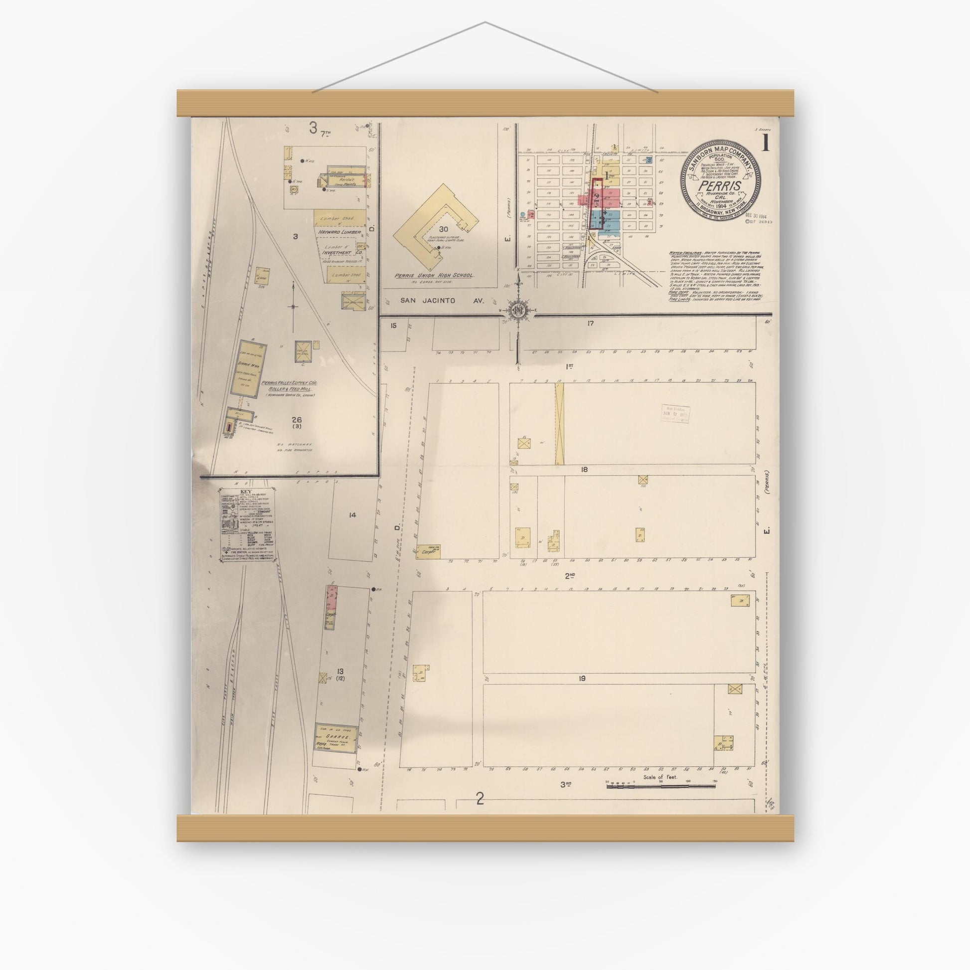 Old map wall art mockup — magnetic wood frame on white wall — Sanborn Fire Insurance Map from Perris, Riverside County, California (1914) - Complete Map Set