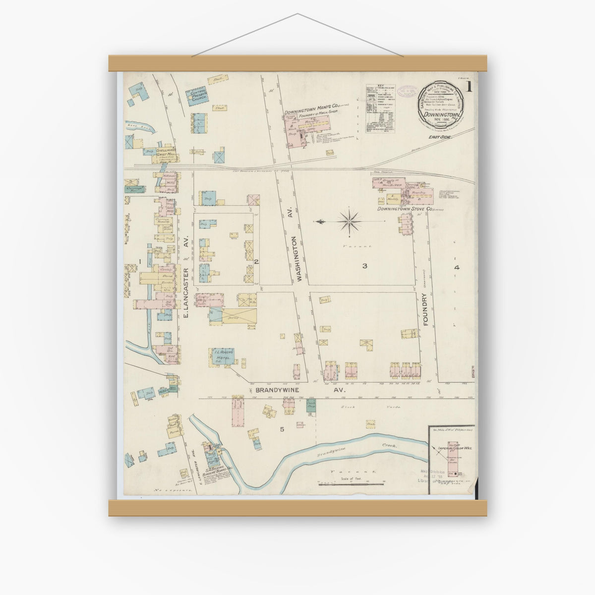 Old map wall art mockup — magnetic wood frame on white wall — Sanborn Fire Insurance Map from Downingtown, Chester County, Pennsylvania (1886), Sheet #0001