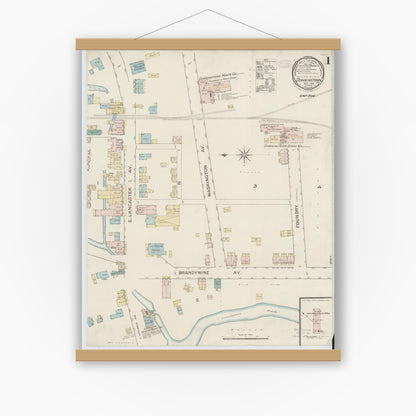 Old map wall art mockup — magnetic wood frame on white wall — Sanborn Fire Insurance Map from Downingtown, Chester County, Pennsylvania (1886), Sheet #0001