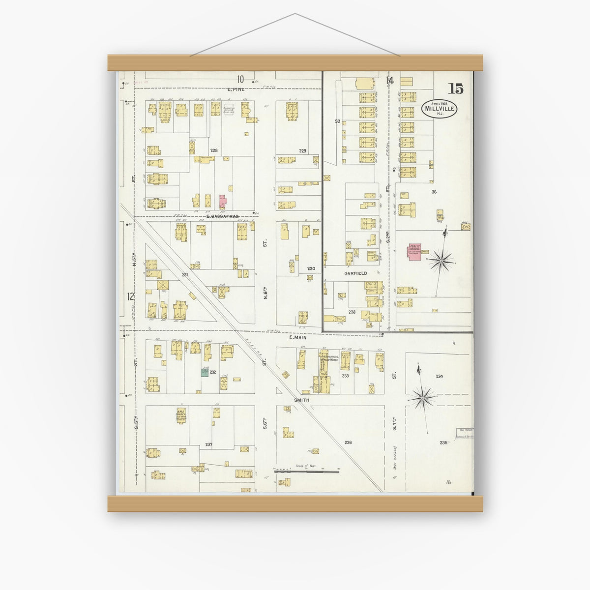 Old map wall art mockup — magnetic wood frame on white wall — Sanborn Fire Insurance Map from Millville, Cumberland County, New Jersey (1903), Sheet #0015