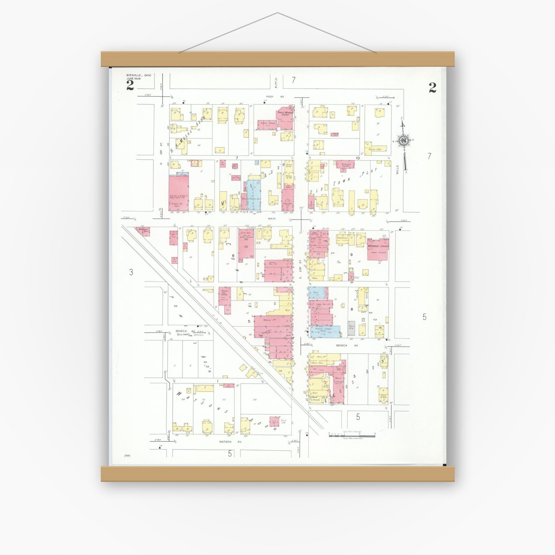 Old map wall art mockup — magnetic wood frame on white wall — Sanborn Fire Insurance Map from Byesville, Guernsey County, Ohio (1948), Sheet #0002