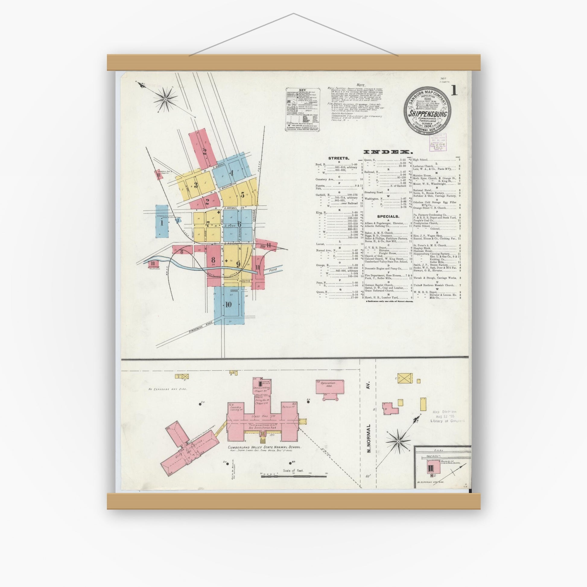 Old map wall art mockup — magnetic wood frame on white wall — Sanborn Fire Insurance Map from Shippensburg, Cumberland And Franklin Counties, Pennsylvania (1904) - Complete Map Set