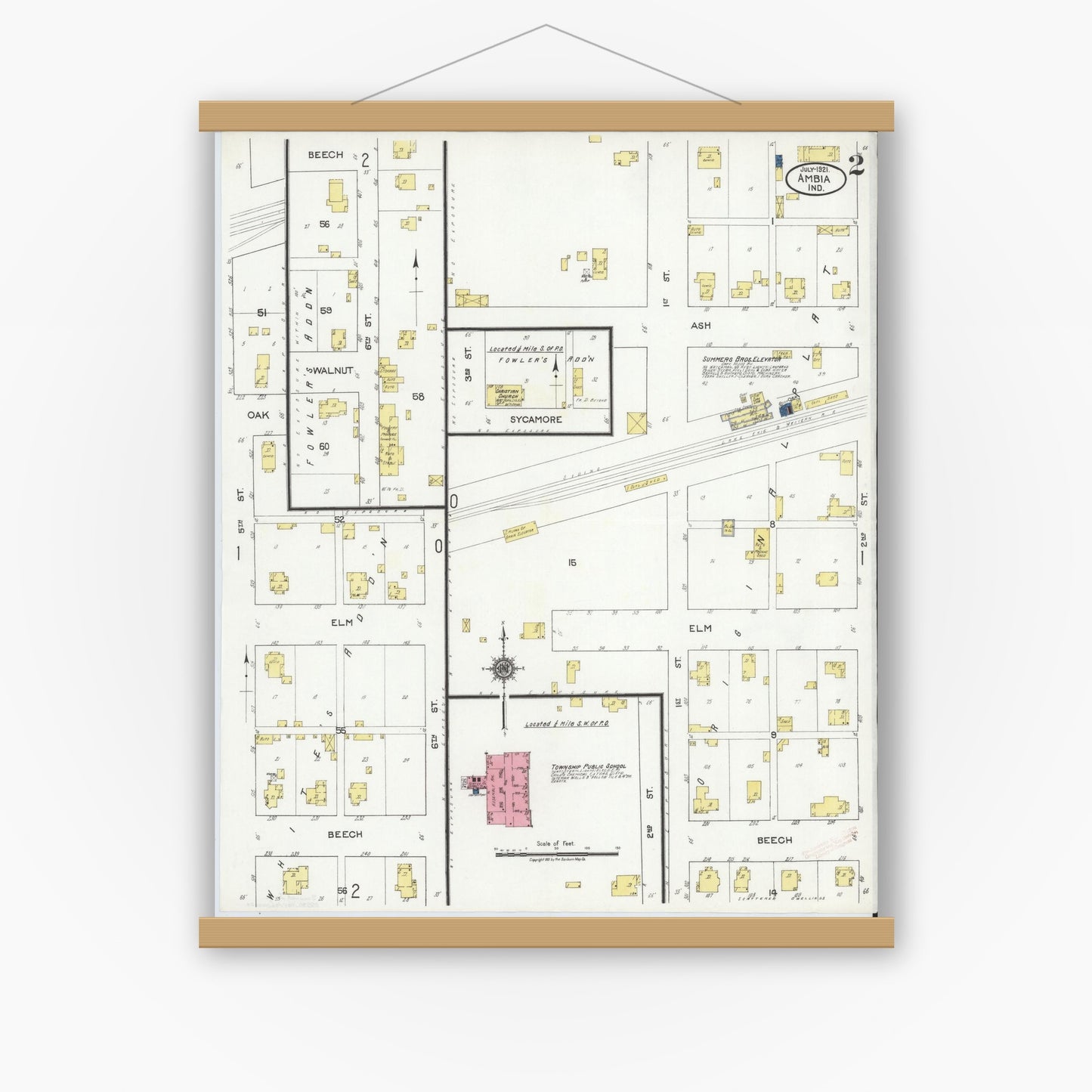 Old map wall art mockup — magnetic wood frame on white wall — Sanborn Fire Insurance Map from Ambia, Benton County, Indiana (1921), Sheet #0002