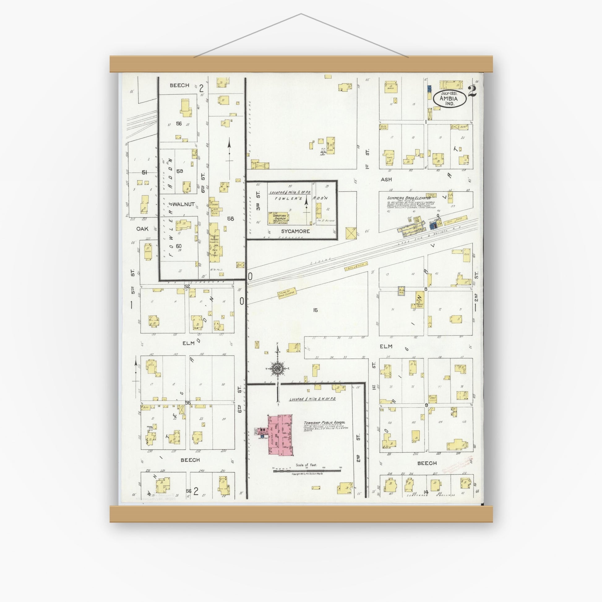Old map wall art mockup — magnetic wood frame on white wall — Sanborn Fire Insurance Map from Ambia, Benton County, Indiana (1921), Sheet #0002