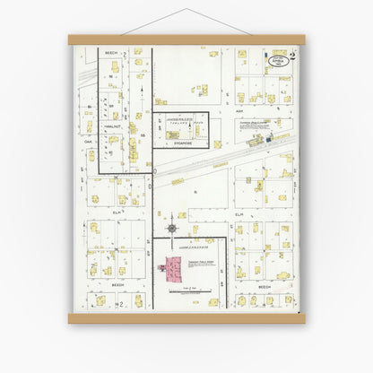 Old map wall art mockup — magnetic wood frame on white wall — Sanborn Fire Insurance Map from Ambia, Benton County, Indiana (1921), Sheet #0002