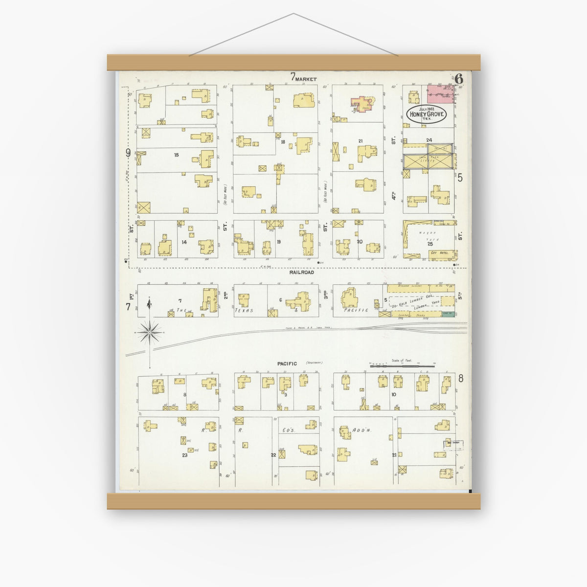 Old map wall art mockup — magnetic wood frame on white wall — Sanborn Fire Insurance Map from Honey Grove, Fannin County, Texas (1902), Sheet #0006