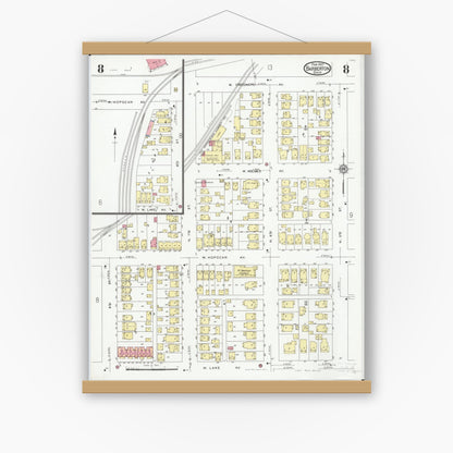 Old map wall art mockup — magnetic wood frame on white wall — Sanborn Fire Insurance Map from Barberton, Summit County, Ohio (1927), Sheet #0008