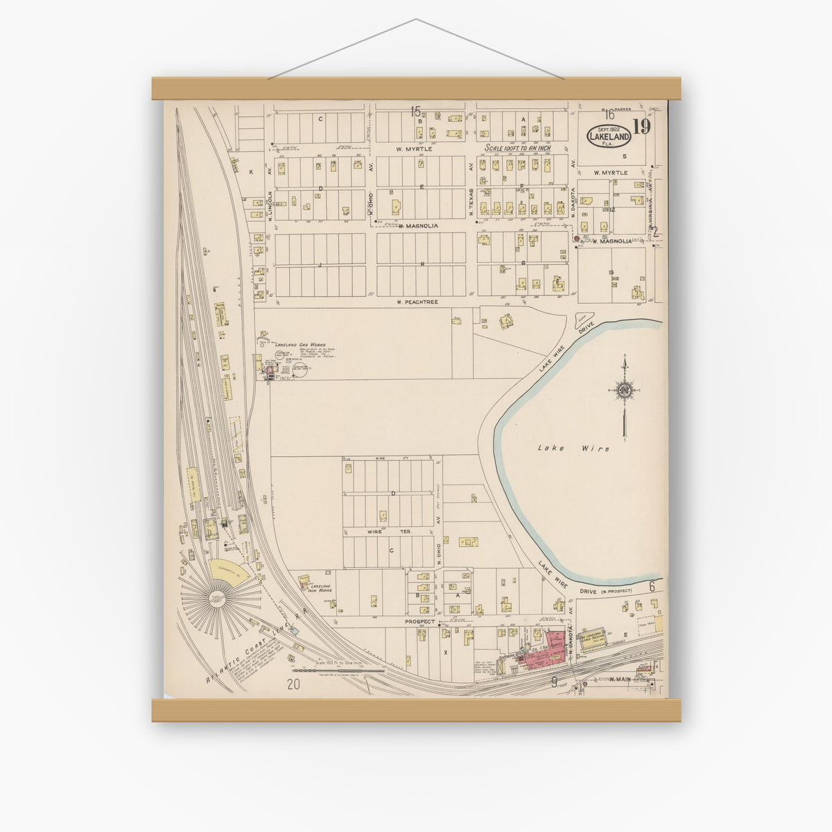 Old map wall art mockup — magnetic wood frame on white wall — Sanborn Fire Insurance Map from Lakeland, Polk County, Florida (1922), Sheet #0019