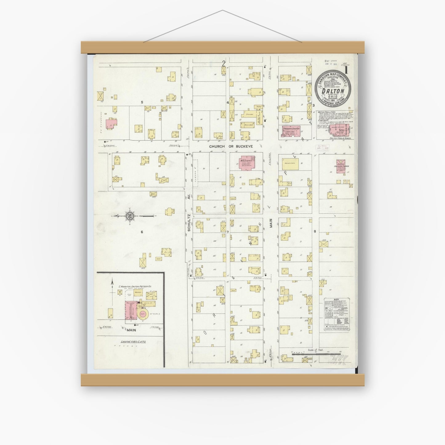Old map wall art mockup — magnetic wood frame on white wall — Sanborn Fire Insurance Map from Dalton, Wayne County, Ohio (1911) - Complete Map Set