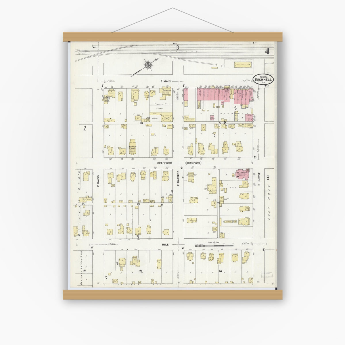 Old map wall art mockup — magnetic wood frame on white wall — Sanborn Fire Insurance Map from Bushnell, Mcdonough County, Illinois (1912), Sheet #0004