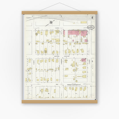 Old map wall art mockup — magnetic wood frame on white wall — Sanborn Fire Insurance Map from Bushnell, Mcdonough County, Illinois (1912), Sheet #0004