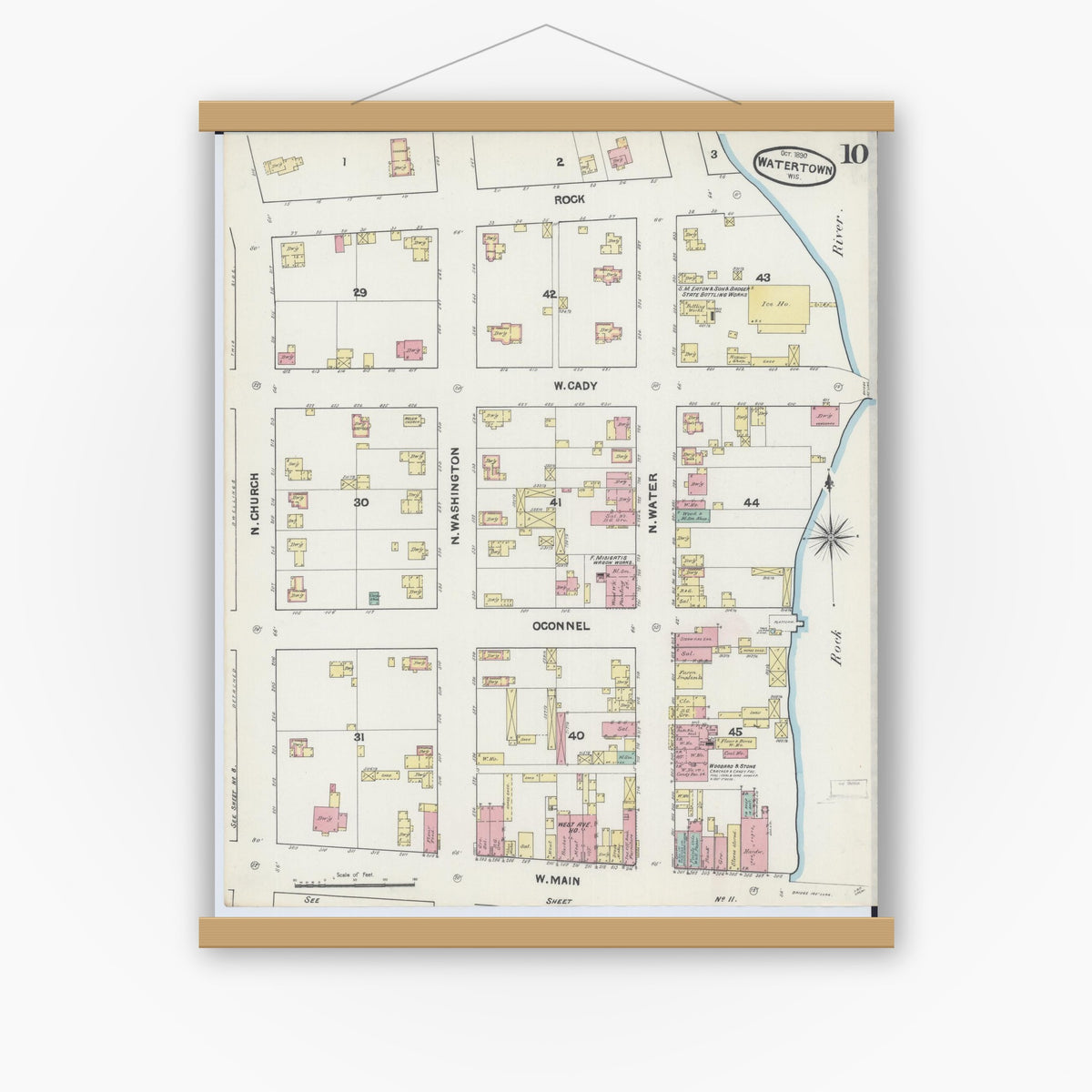 Old map wall art mockup — magnetic wood frame on white wall — Sanborn Fire Insurance Map from Watertown, Jefferson County, Wisconsin (1890), Sheet #0010