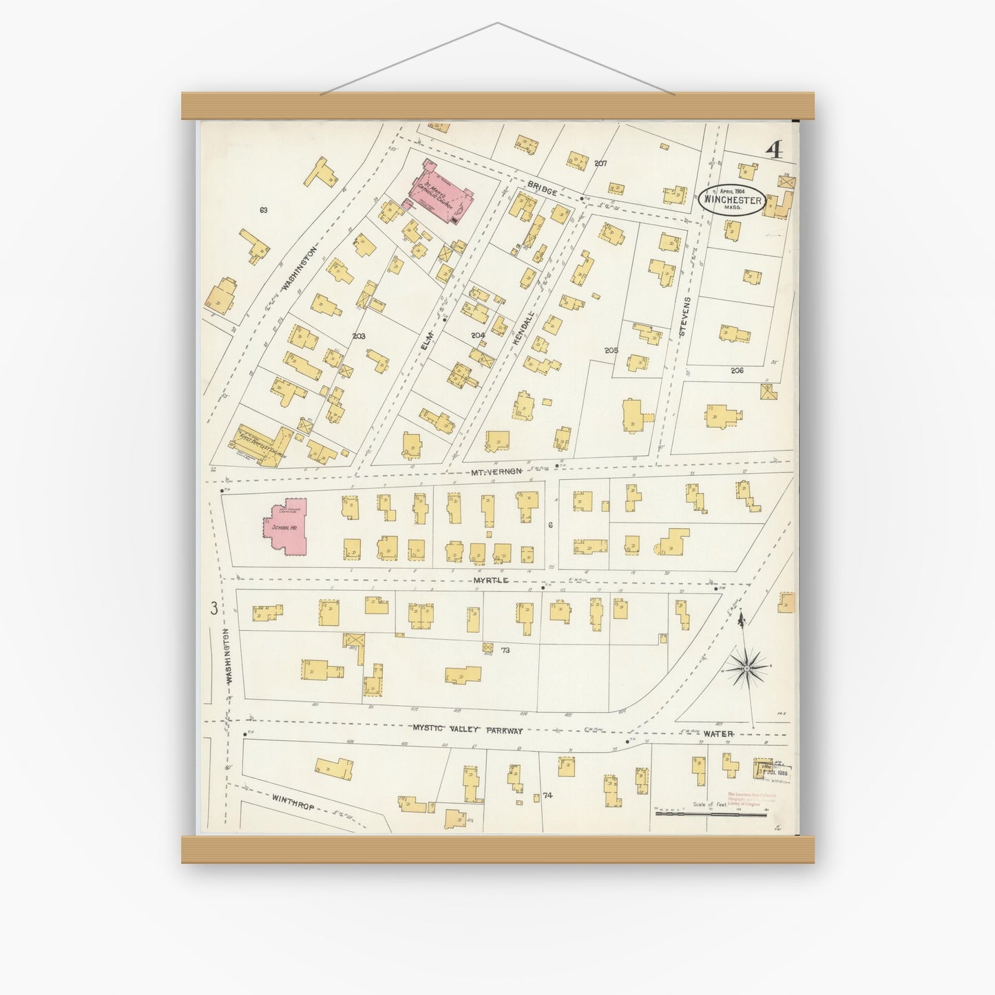 Old map wall art mockup — magnetic wood frame on white wall — Sanborn Fire Insurance Map from Winchester, Middlesex County, Massachusetts (1904), Sheet #0004